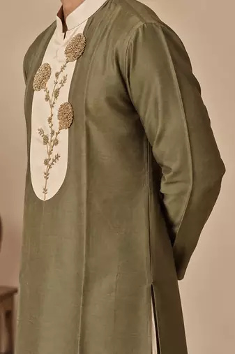 Olive green and beige cotton silk kurta set