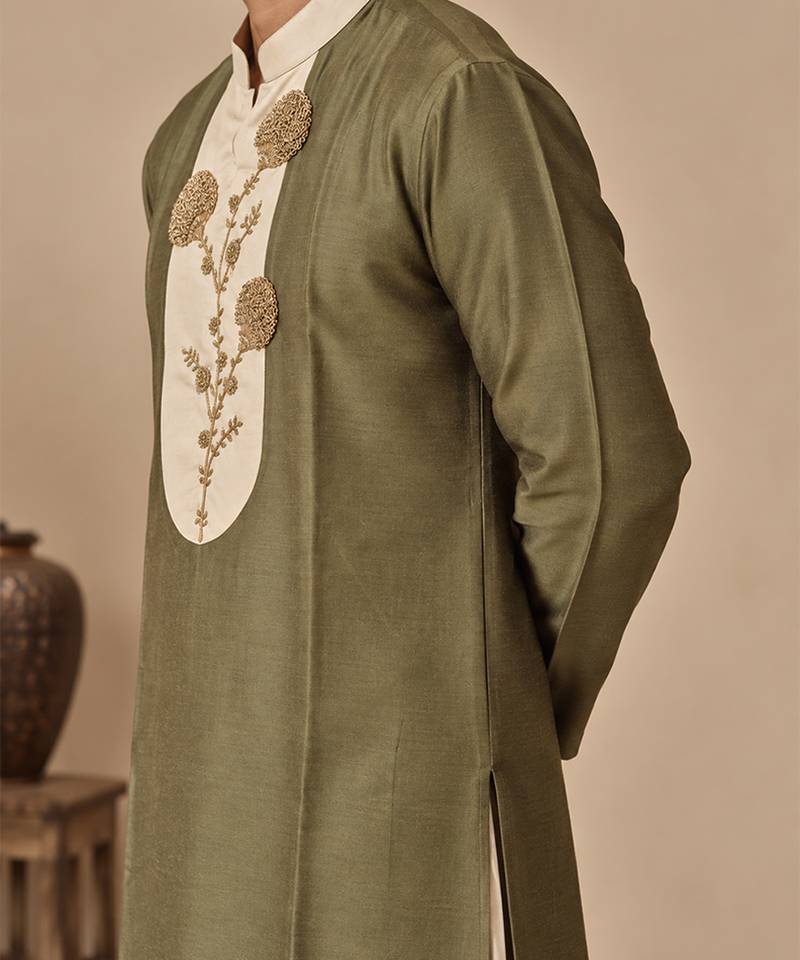 Olive green and beige cotton silk kurta set
