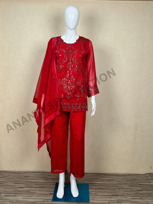 Red georgette embroidered kurta palazzo dupatta set 2