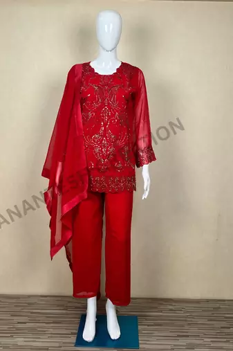 Red georgette embroidered kurta palazzo dupatta set