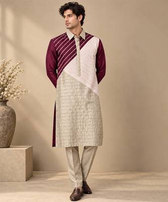 Wine pink and silver grey bemberg silk kurta set 1