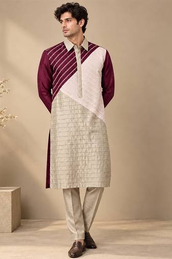 Wine pink and silver grey bemberg silk kurta set