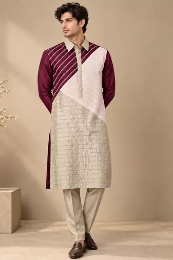 Wine pink and silver grey bemberg silk kurta set