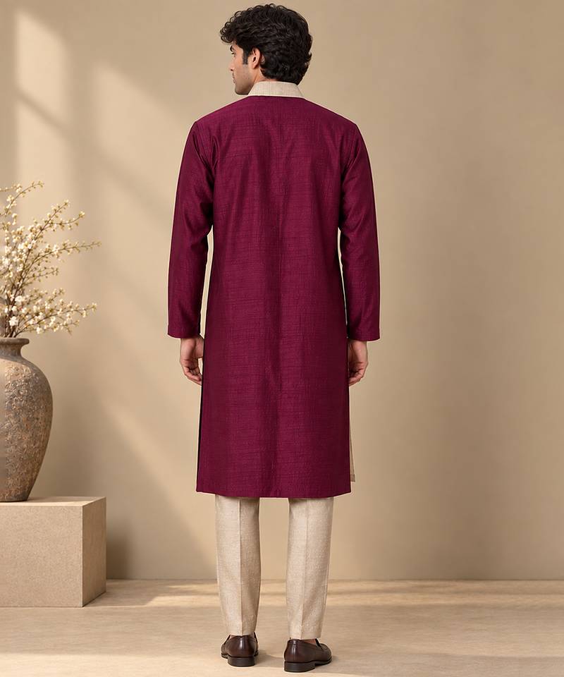 Wine pink and silver grey bemberg silk kurta set