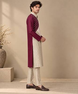 Wine pink and silver grey bemberg silk kurta set 3