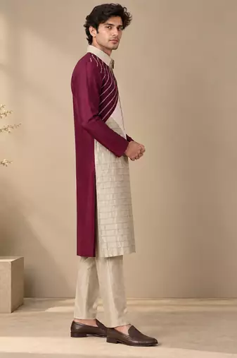 Wine pink and silver grey bemberg silk kurta set