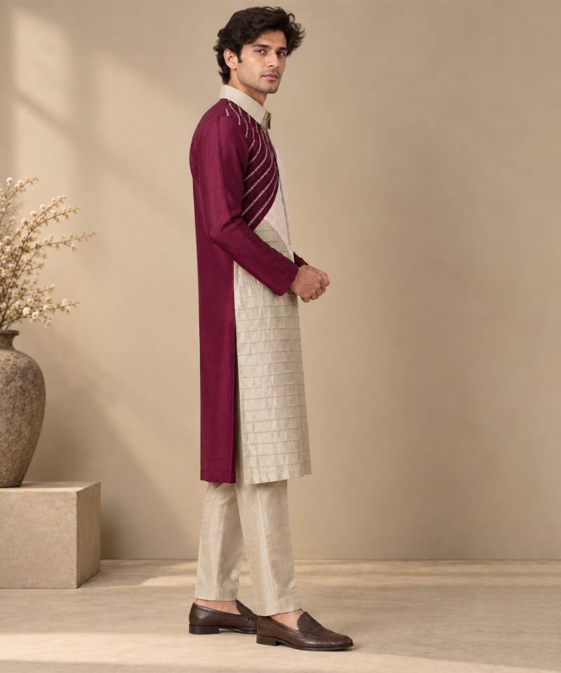 Wine pink and silver grey bemberg silk kurta set