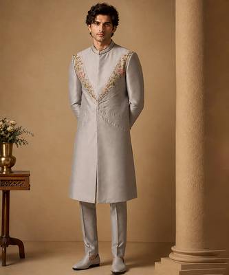 Silver grey cotton silk sherwani 1