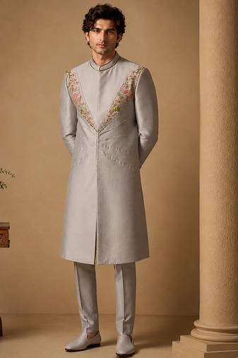Silver grey cotton silk sherwani