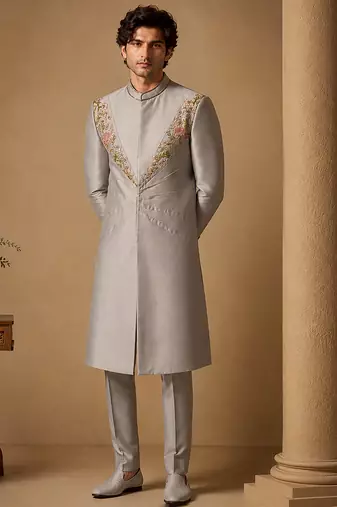 Silver grey cotton silk sherwani
