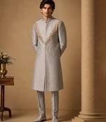 Silver grey cotton silk sherwani
