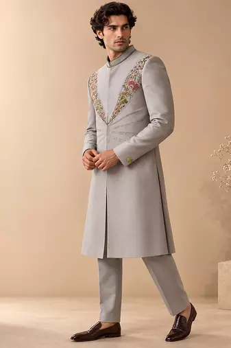 Silver grey cotton silk sherwani