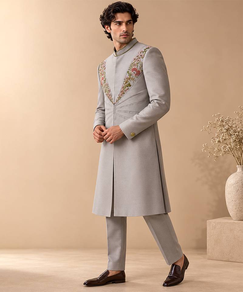 Silver grey cotton silk sherwani