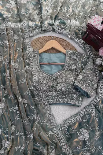 Grey Designer Saree Fendy Silk with Beds Elegance