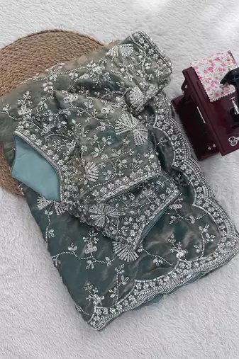 Grey Designer Saree Fendy Silk with Beds Elegance