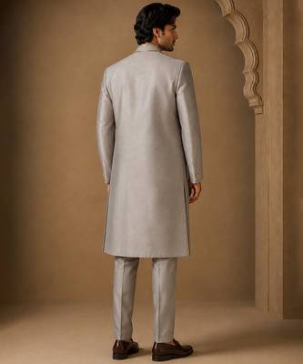 Silver grey cotton silk sherwani 3
