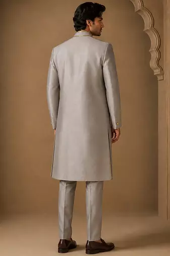Silver grey cotton silk sherwani