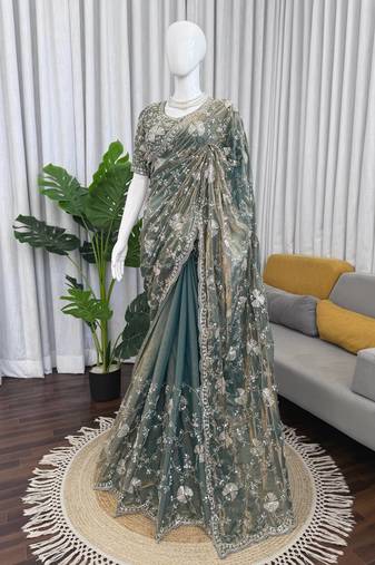 Grey Designer Saree Fendy Silk with Beds Elegance