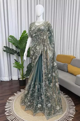 Grey Designer Saree Fendy Silk with Beds Elegance