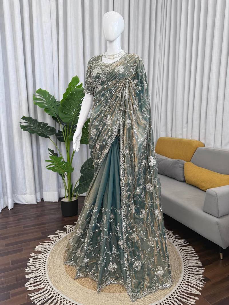 Grey Designer Saree Fendy Silk with Beds Elegance