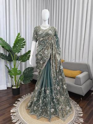 Grey Designer Saree Fendy Silk with Beds Elegance 5