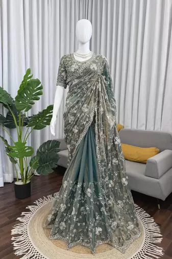 Grey Designer Saree Fendy Silk with Beds Elegance