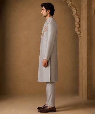 Silver grey cotton silk sherwani 4