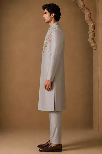 Silver grey cotton silk sherwani