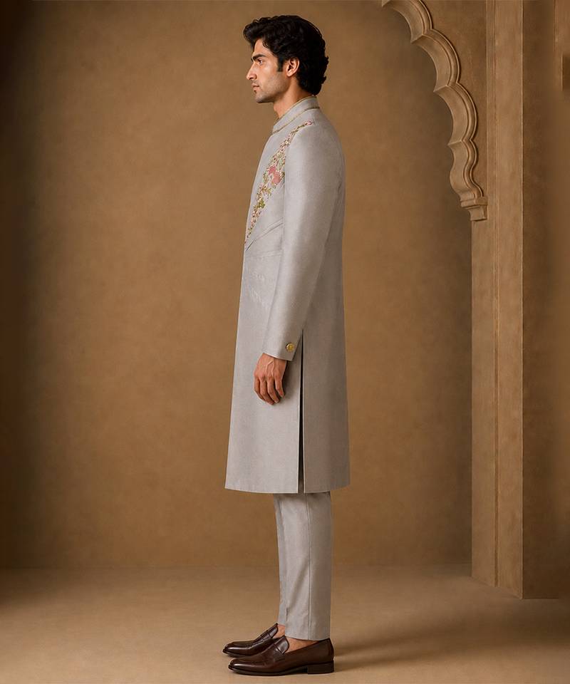 Silver grey cotton silk sherwani