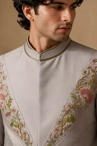 Silver grey cotton silk sherwani