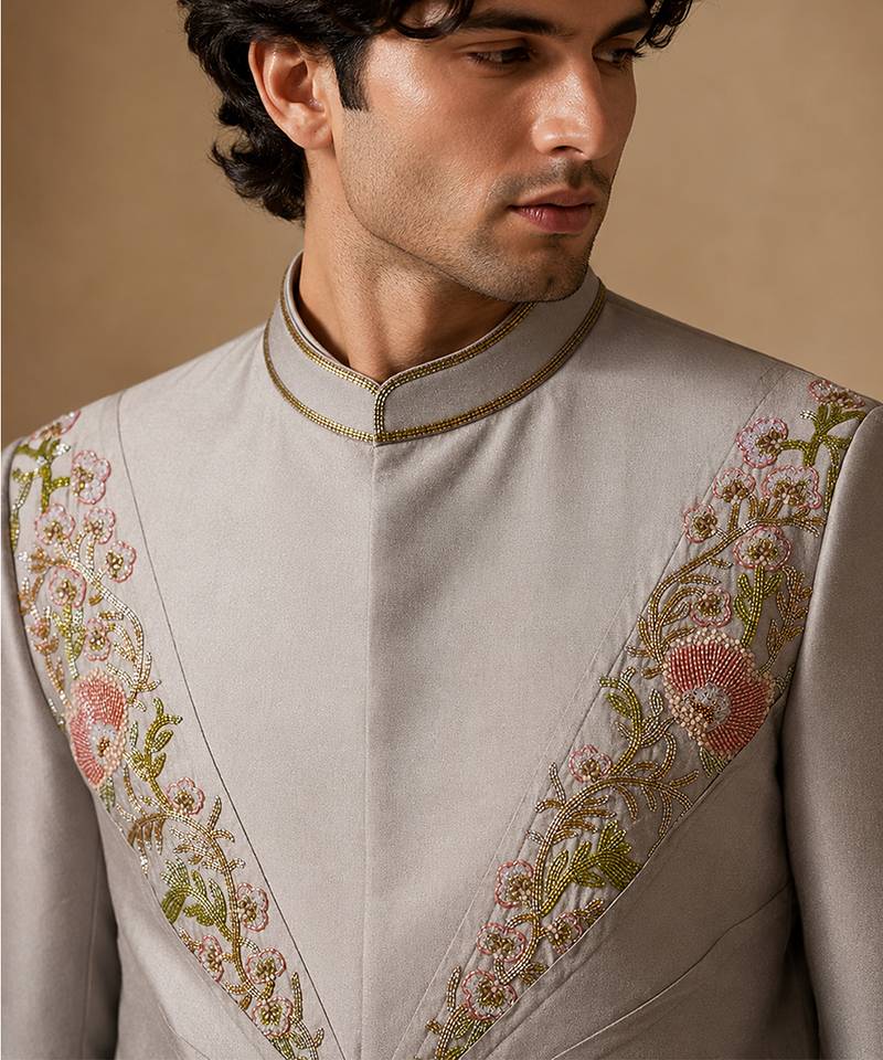 Silver grey cotton silk sherwani