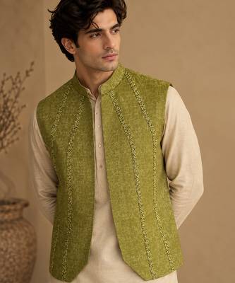 Lime green silk and jacquard short open jacket 1