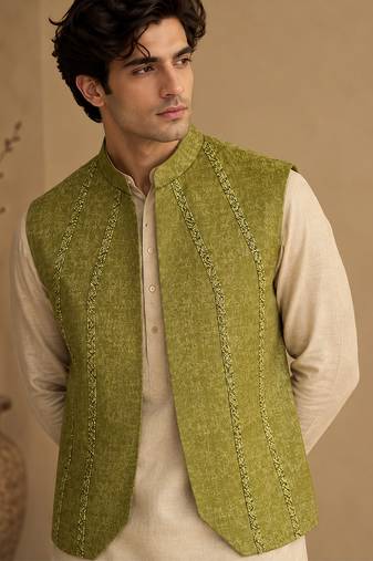 Lime green silk and jacquard short open jacket