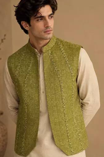 Lime green silk and jacquard short open jacket