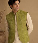 Lime green silk and jacquard short open jacket