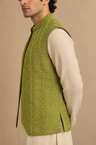 Lime green silk and jacquard short open jacket