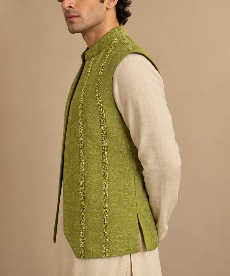 Lime green silk and jacquard short open jacket