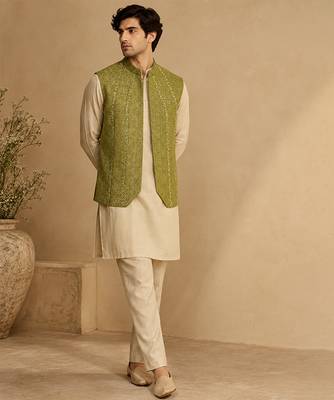 Lime green silk and jacquard short open jacket 3