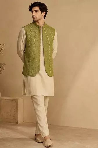 Lime green silk and jacquard short open jacket