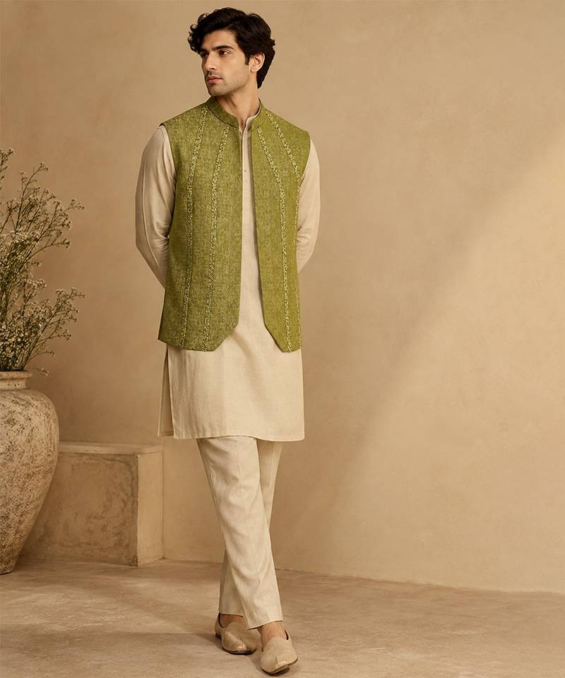 Lime green silk and jacquard short open jacket