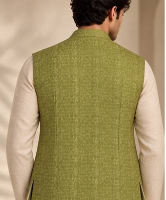 Lime green silk and jacquard short open jacket 4