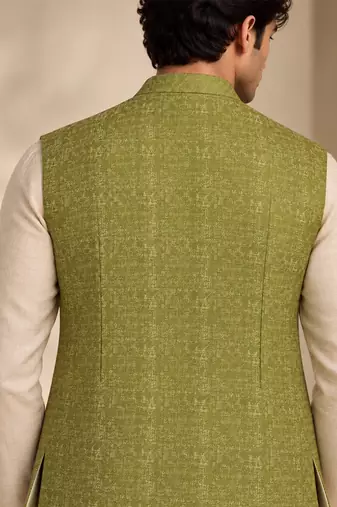 Lime green silk and jacquard short open jacket