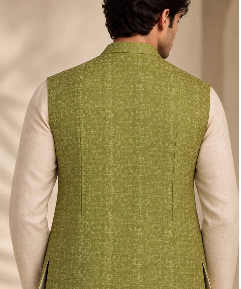 Lime green silk and jacquard short open jacket