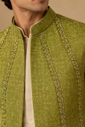 Lime green silk and jacquard short open jacket
