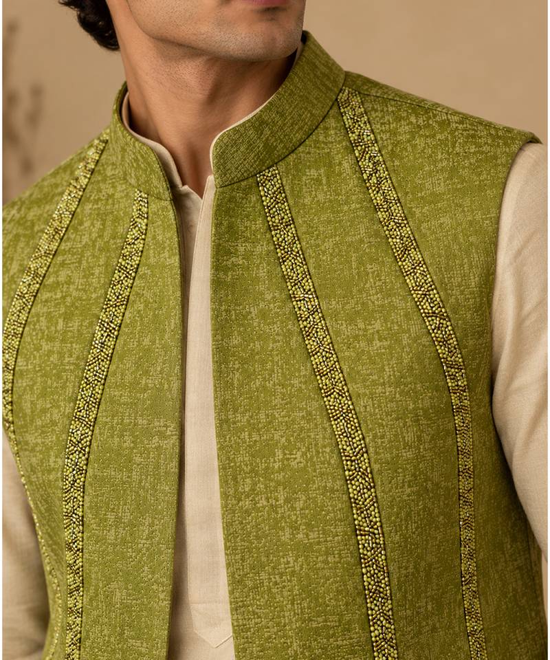 Lime green silk and jacquard short open jacket