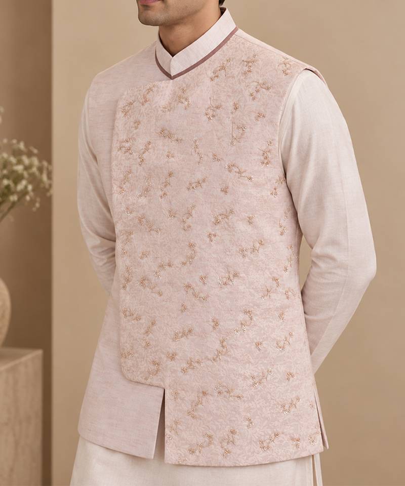 Baby pink linen silk jacquard jacket