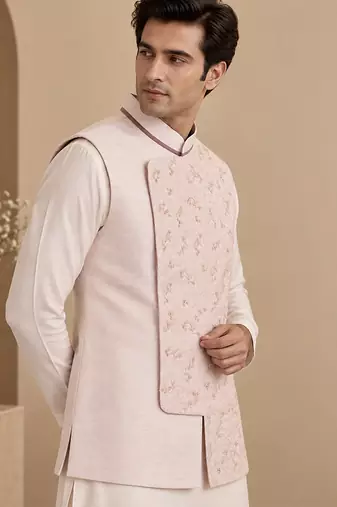 Baby pink linen silk jacquard jacket
