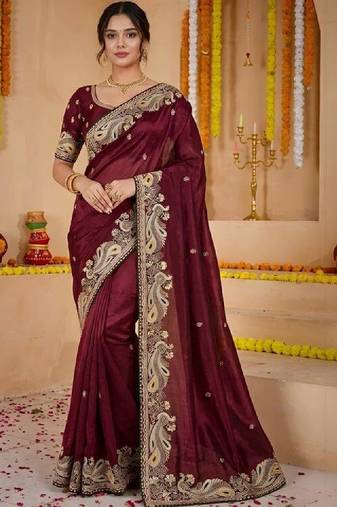 Paisley embroidered pure georgette kanjeevaram saree
