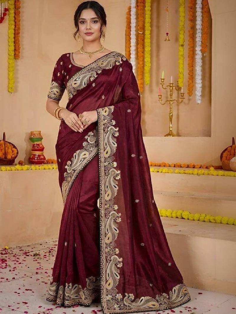 Paisley embroidered pure georgette kanjeevaram saree