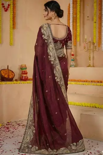 Paisley embroidered pure georgette kanjeevaram saree